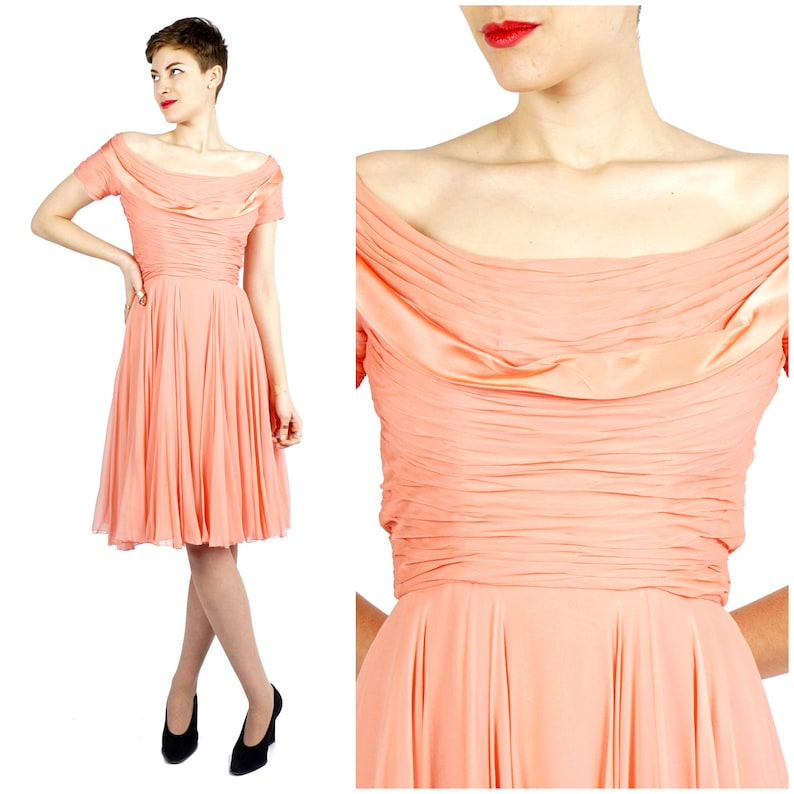 Vintage 50s Springtime Peachy Pink Chiffon Off-the-Shoulder Party Dress with Ruched Bodice and Satin Trim by Ceil Chapman XS/Small Bild 1