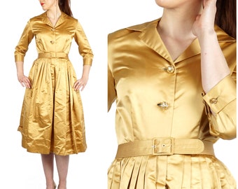 Vintage 50s/60s Satin Gold Belted Shirt-waist Dress with Pleated Skirt & Rhinestone Buttons by Dynasty | Medium