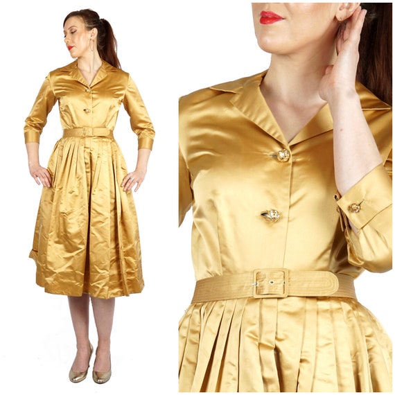 Vintage 50s/60s Satin Gold Belted Shirt-waist Dre… - image 1