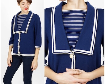 Vintage 1960s Nautical Inspired Blue & White Striped Sweater with Oversized Lapels | Medium/Large
