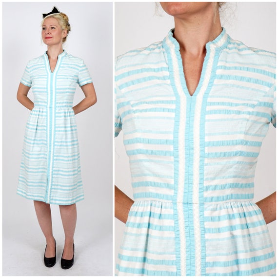 Vintage 1960s Aqua Baby Blue & White Striped Text… - image 1