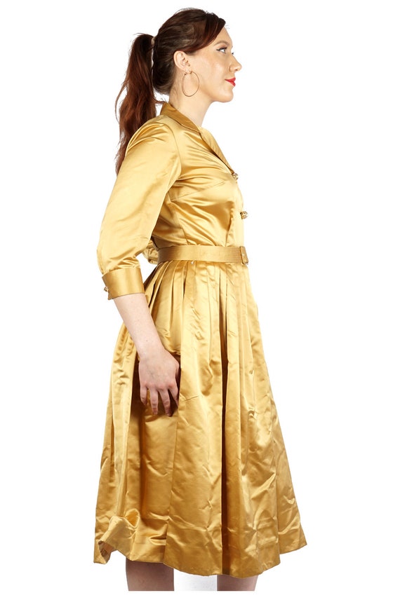 Vintage 50s/60s Satin Gold Belted Shirt-waist Dre… - image 4