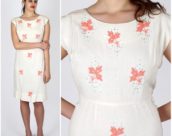 Vintage 50s/60's White Fitted Wiggle Dress with Pink Floral Beading by Premack | Large