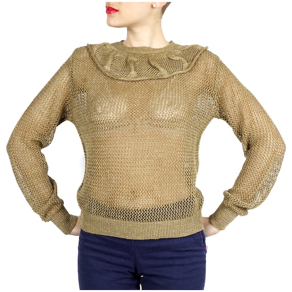 Vintage 1980s Sparkly Gold Knit Sweater with Ruff… - image 1