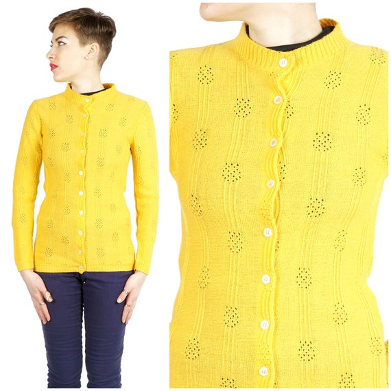 Vintage 1970s Canary Yellow Button-up Cardigan Sw… - image 1