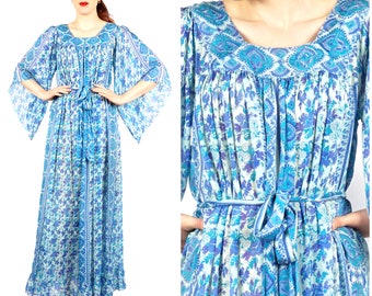 Vintage 60s/70s Blue Paisley Patterned Bell Angel Sleeve Pure Indian Silk Belted Maxi Kaftan Caftan Dress by Raksha Saks 5th Ave | Medium