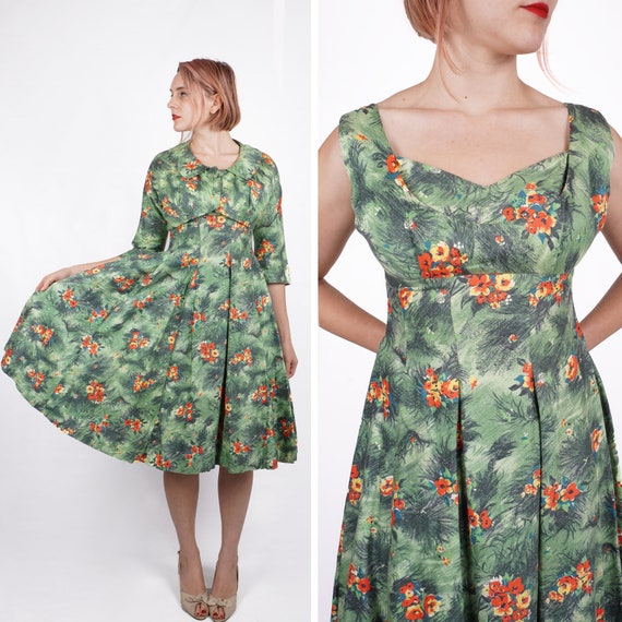 Vintage 1950s Green Floral Hawaiian Sleeveless Dr… - image 1