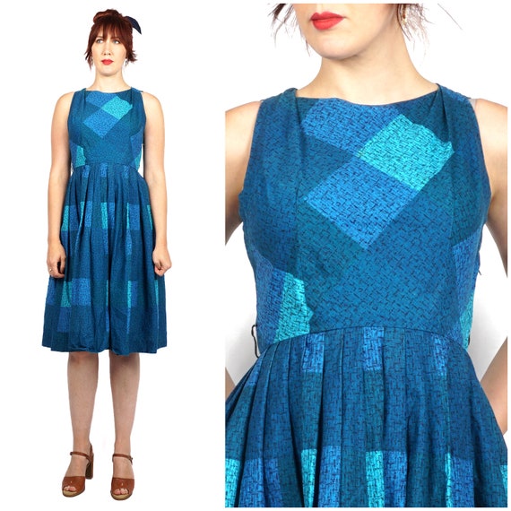 Vintage 1950s Fit and Flare Blue and Teal Bold Ch… - image 8