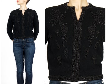 Vintage 1950s Black Heavily Beaded Cropped Wool Cardigan Sweater with Floral Beading by George Sweaters | Small