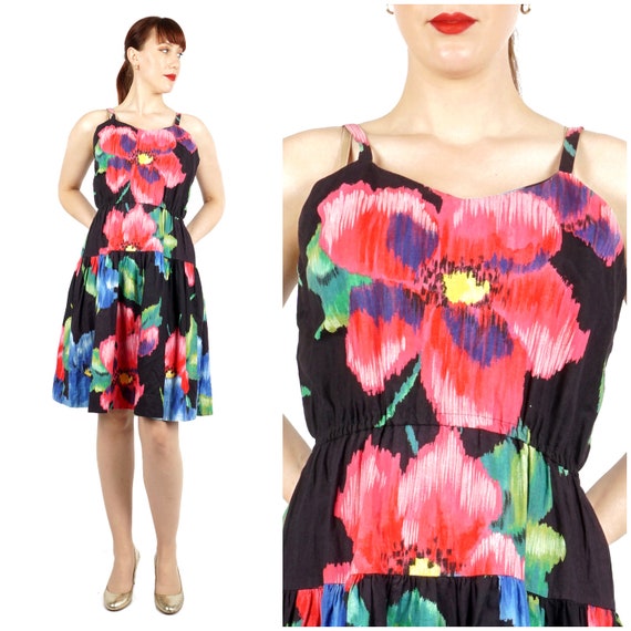 Vintage 1980s Black Watercolor Floral Strappy Slee