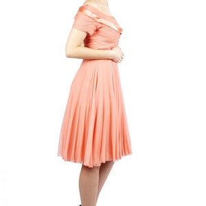 Vintage 50s Springtime Peachy Pink Chiffon Off-the-Shoulder Party Dress with Ruched Bodice and Satin Trim by Ceil Chapman XS/Small image 7