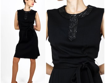 Classic Vintage 1960s Little Black Knit Sheath Dress with Beaded Collar and Belt | Small/Medium