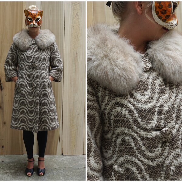 Amazing Vintage 60's Wool Swing Coat with Oversized Fox Fur Collar Made in France | Medium/Large