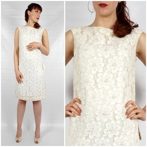 Deadstock NWT Vintage 1960s Off-white Floral Beaded Shift Dress by Miss Elliette | Medium