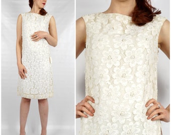 Deadstock NWT Vintage 1960s Off-white Floral Beaded Shift Dress by Miss Elliette | Medium