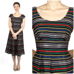 Vintage 1950s Black Stripe Fit & Flare Rainbow Ribbon Taffeta Party Dress with Fitted Waist and Full Skirt XS/Small image 1