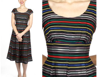 Vintage 1950s Black Stripe Fit & Flare Rainbow Ribbon Taffeta Party Dress with Fitted Waist and Full Skirt | XS/Small