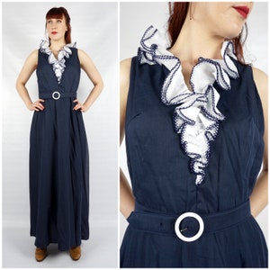 Vintage 70s Navy Blue Maxi Dress with Huge Ruffle and Matching Belt by Melissa Lane | Medium