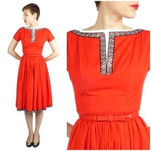 Vintage 1950s Red Fit and Flare Cotton Day Dress with Metallic Embroidered Trim and Pockets by Viennese Girl | XS