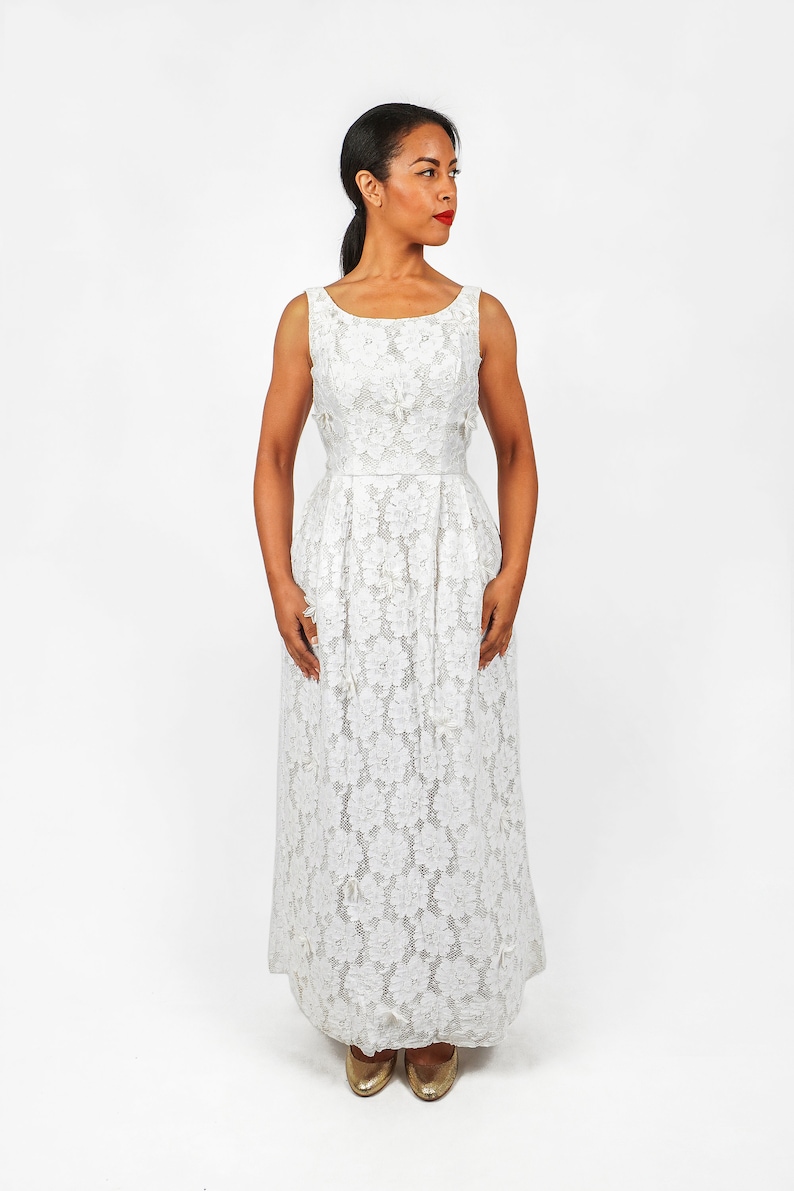 Vintage 1960s Sleeveless White Floral Lace Wedding Maxi Dress w/ Long Straight Skirt & Floral Lace Appliqués by Saks Fifth Avenue XS/Small image 2