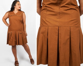 Vintage 1960s Mod Brown Drop-waist Scooter Dress with Rounded Collar by Gina Moretti | Large