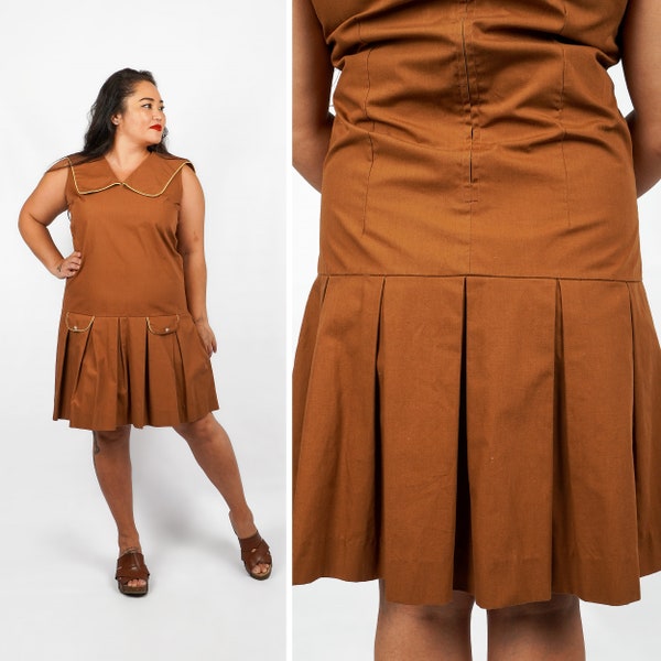 Vintage 1960s Mod Brown Drop-waist Scooter Dress with Rounded Collar by Gina Moretti | Large