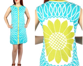 Vintage 60s/70s Vibrant Aqua Blue Lime Green Sunflower Geometric Printed Cotton Mod Shift Sleeveless Sundress by Vera Neumann | Medium/Large