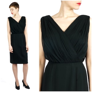 Vintage 1960s Classic Black Party Sheath Dress with Wrapped Chiffon Bodice by Lilli Diamond | Small/Medium