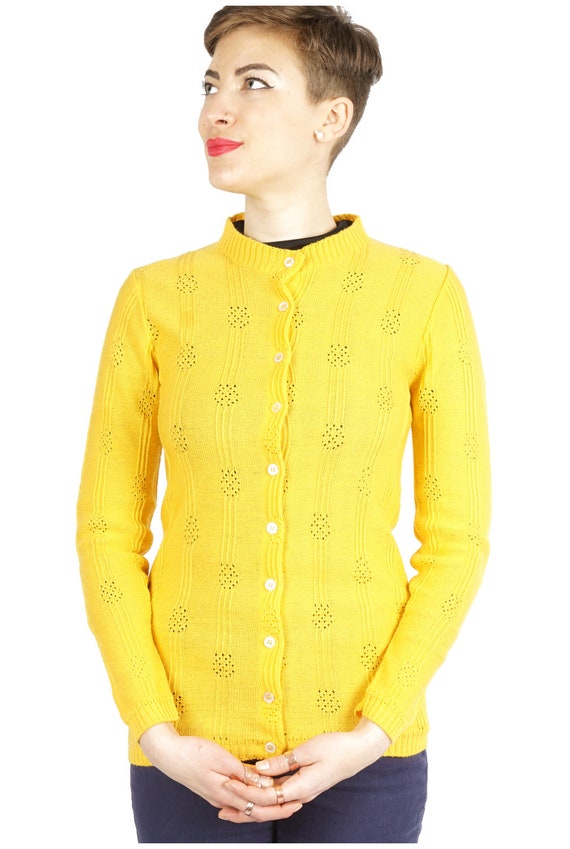 Vintage 1970s Canary Yellow Button-up Cardigan Sw… - image 4