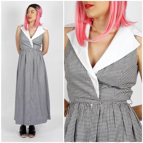 Vintage 1970s Sleeveless Black & White Gingham Ma… - image 1