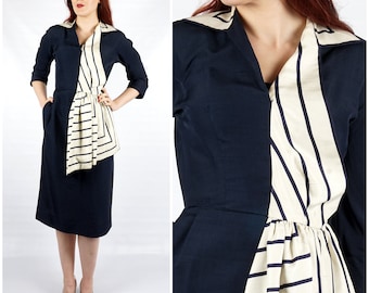 Vintage 40s/50s Navy Silk Dress with 3/4 Sleeves and Striped White Collar and Side Sash by Berenice Holloway | Medium