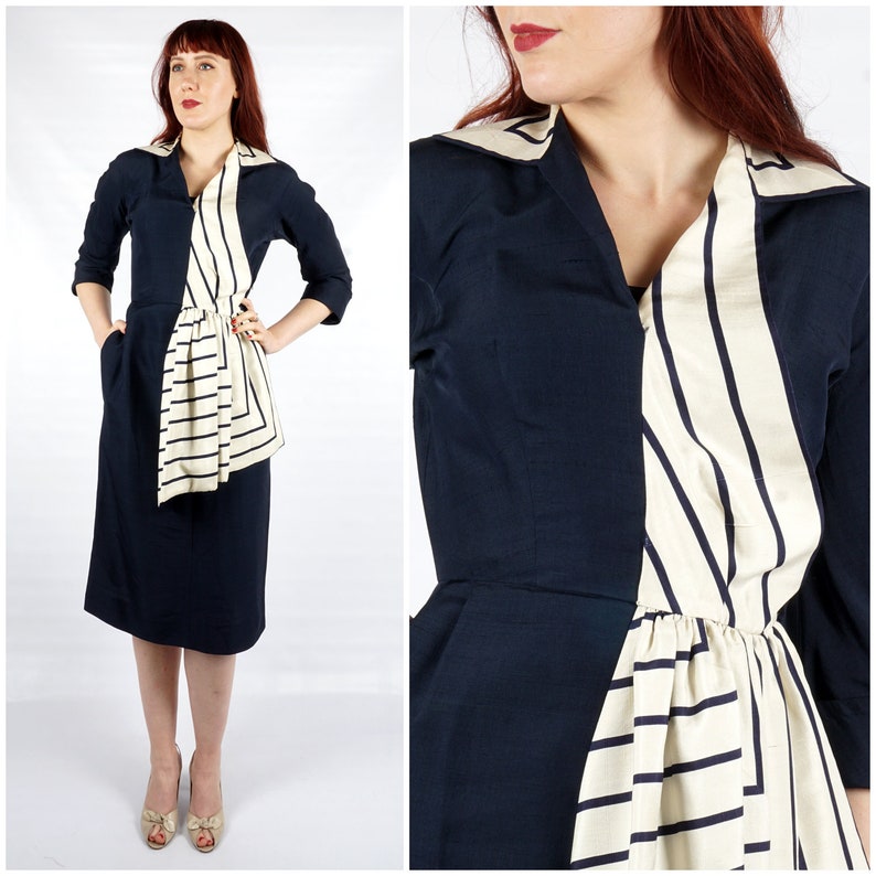 Vintage 40s/50s Navy Silk Dress with 3/4 Sleeves and Striped White Collar and Side Sash by Berenice Holloway Medium image 1