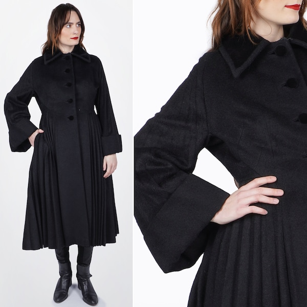 Amazing Vintage 50's Black Wool Fitted Princess Coat w/ Huge Pleated Sleeves by Lilli Ann | Medium