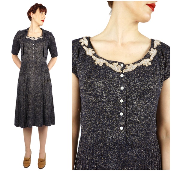 Vintage 1950s Navy Blue & Gold Knit Dress and Mat… - image 1