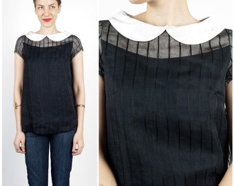 Vintage 1960s Black Striped Blouse with Illusion Bodice and White Peter Pan Collar | Small/Medium