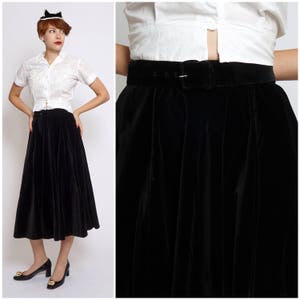 Vintage 1950s Black Velvet Full Fit and Flare Skirt with Matching Belt by Junior Miss | XS/Small
