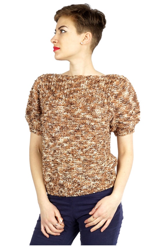 Vintage 1960s Brown & Beige Stretchy Knit Sweater… - image 5