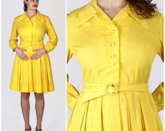 Vintage années 50 / 60 ' s chemise-taille ceinture jaune vif jour robe par Jane Bradley | Medium/Large