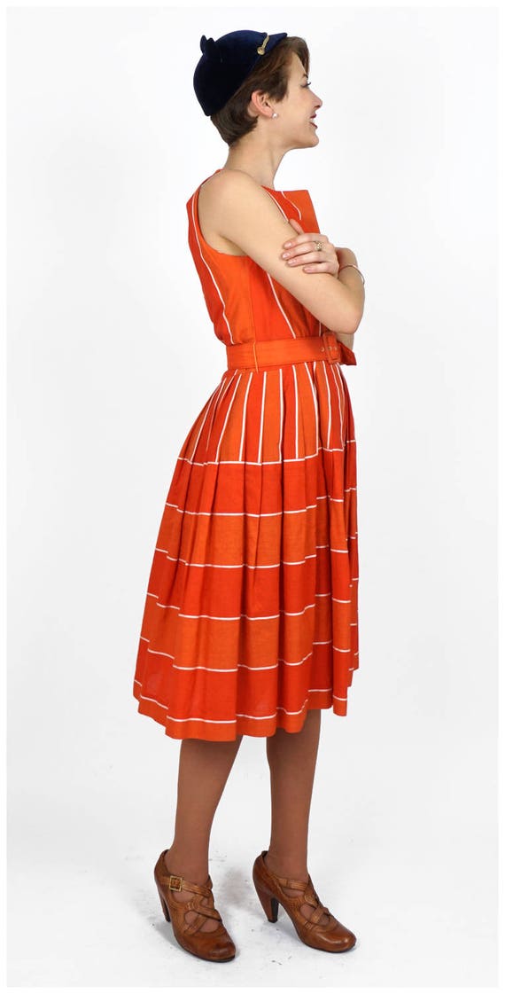 Vintage 50s/60s Belted Orange Striped Day Dress b… - image 4