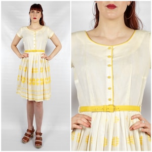 Vintage 1950s Ivory & Yellow Embroidered Day Dress with Belt | Medium