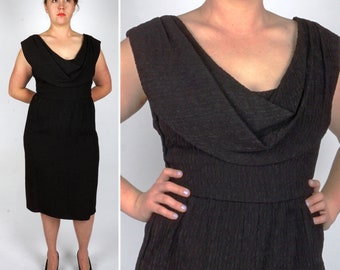 Vintage 1960s Sleeveless Black Crinkle Rayon Fitted Wiggle Dress with Draped Neck | Medium/Large