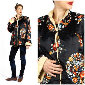 Vintage Black Silk Floral Hand-Embroidered Chinese Cheongsom Jacket with Sherling Lining | Medium