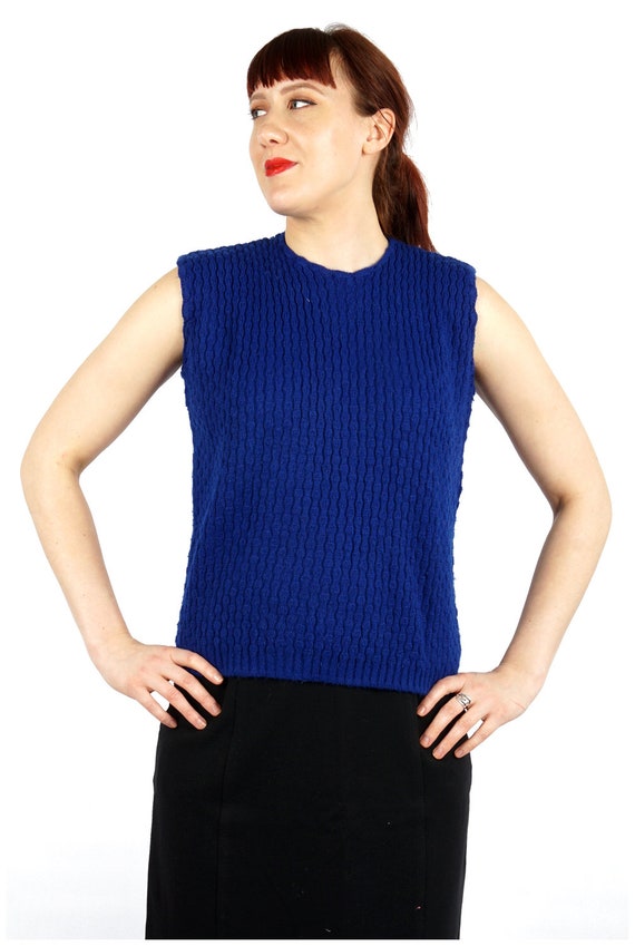 Vintage 1970s Dark Blue Knit Sleeveless Sweater b… - image 3