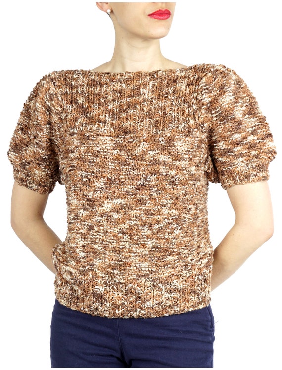 Vintage 1960s Brown & Beige Stretchy Knit Sweater… - image 4