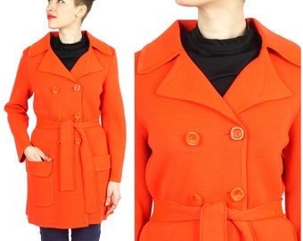 Vintage 1970s Bright Neon Red Double Breasted Sweater Coat by LeRoy Knitwear | Small