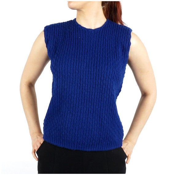 Vintage 1970s Dark Blue Knit Sleeveless Sweater b… - image 1