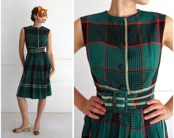 Vintage 1950s Green and Red Plaid Belted Sleeveless Holiday Party Dress by Tiktiner | Small