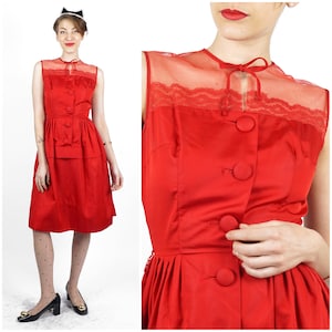 Vintage 50s/60s Ruby Red Sleeveless Party Dress with Illusion Bodice and Bow by Vicky Vaughn | XS/Small