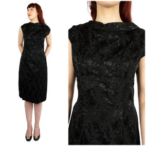 Chic Vintage 1950s/60s Black Brocade Embroidered Sleeveless Wiggle Dress with Bow by Lady Alice California | Medium/Large