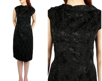 Chic Vintage 1950s/60s Black Brocade Embroidered Sleeveless Wiggle Dress with Bow by Lady Alice California | Medium/Large